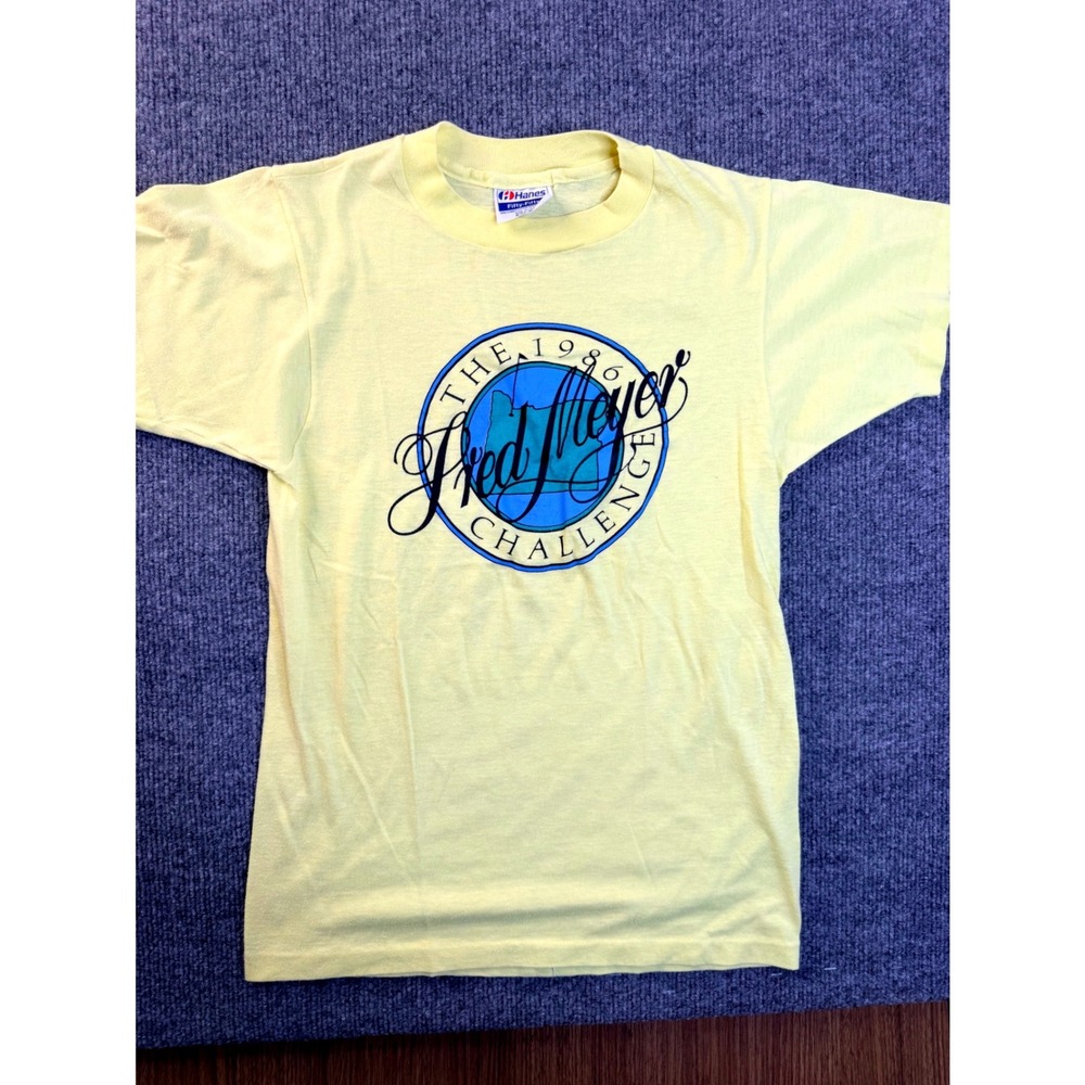 Vintage 80s Hanes Med-View Challenge T-Shirt Small Yellow Cotton Poly USA Made